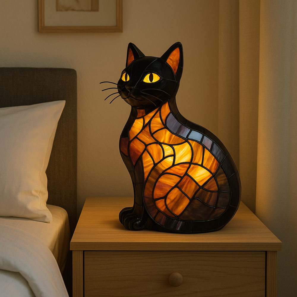 New Durable Stained Glass Cat Lamp Cats Stained Resin 3D Cute Tabletop Retro High Quality Pet Led Table Light Home Bedroom
