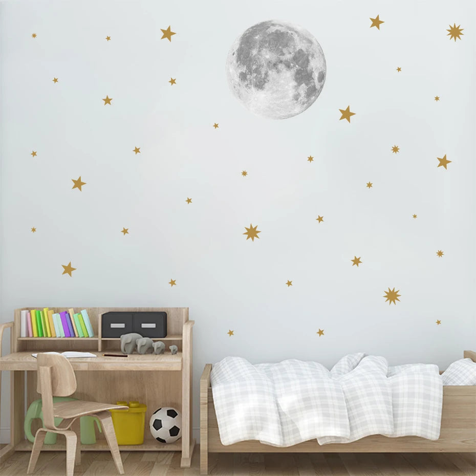Cartoon Moon Gold Stars Wall Sticker Vinyls Nursery Kids Wall Decals Childrens Room Wallpaper Posters Interior Home Decoration