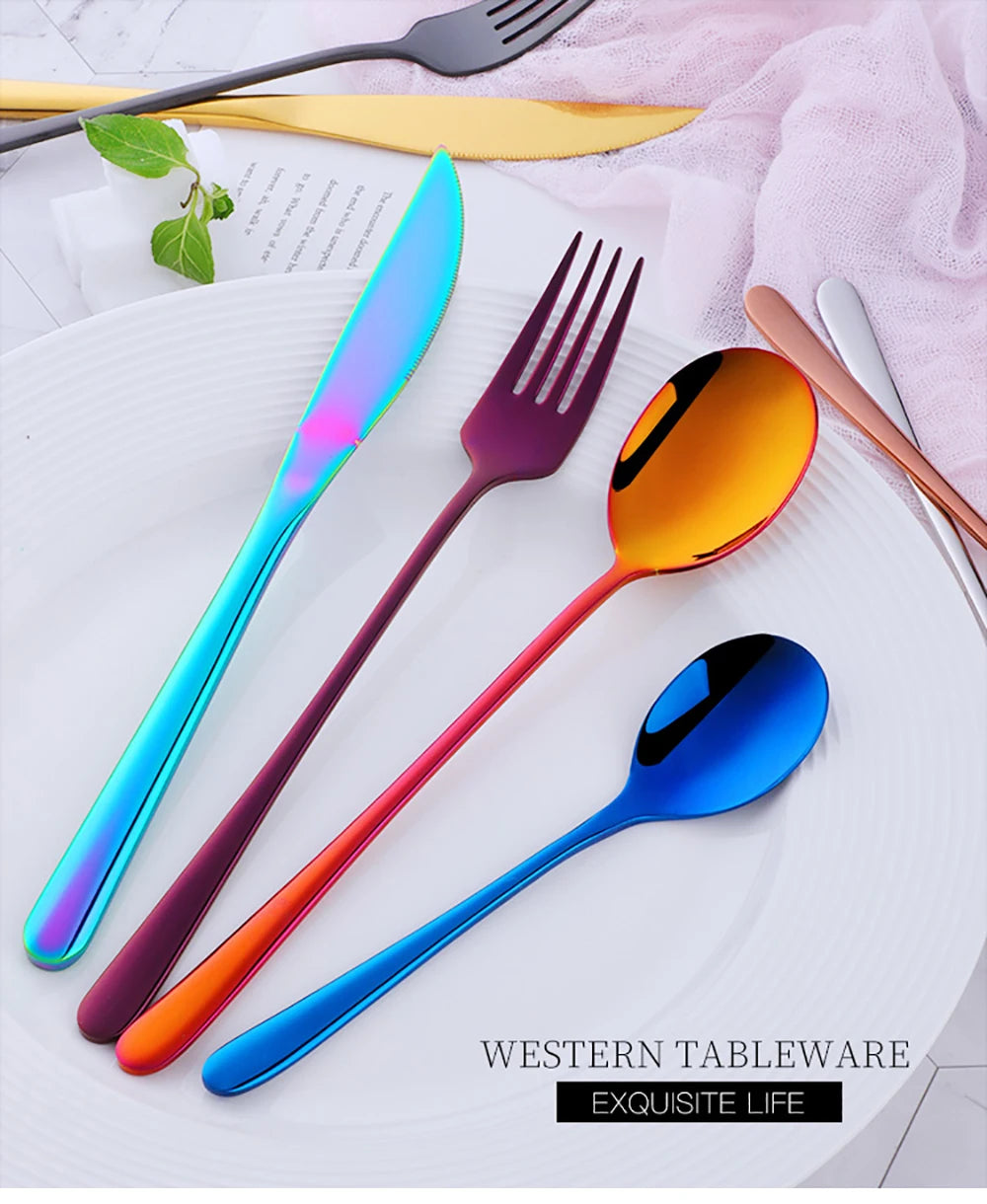 4Pcs Luxury 304 Stainless Steel Tableware Set Silverware Fork Spoon Knife Travel Cutlery Set Gold Portable Camping Flatware Set