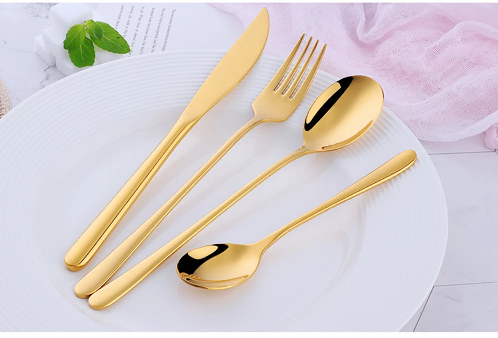 4Pcs Luxury 304 Stainless Steel Tableware Set Silverware Fork Spoon Knife Travel Cutlery Set Gold Portable Camping Flatware Set