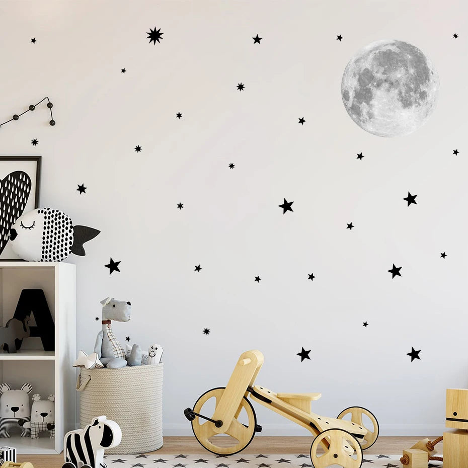 Cartoon Moon Gold Stars Wall Sticker Vinyls Nursery Kids Wall Decals Childrens Room Wallpaper Posters Interior Home Decoration