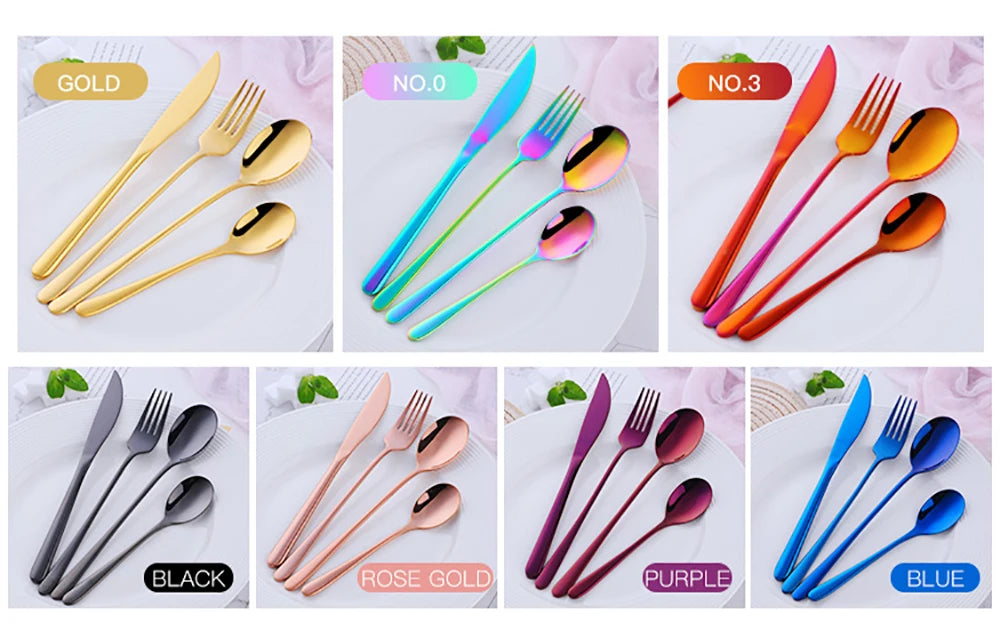 4Pcs Luxury 304 Stainless Steel Tableware Set Silverware Fork Spoon Knife Travel Cutlery Set Gold Portable Camping Flatware Set