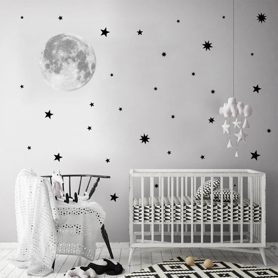 Cartoon Moon Gold Stars Wall Sticker Vinyls Nursery Kids Wall Decals Childrens Room Wallpaper Posters Interior Home Decoration