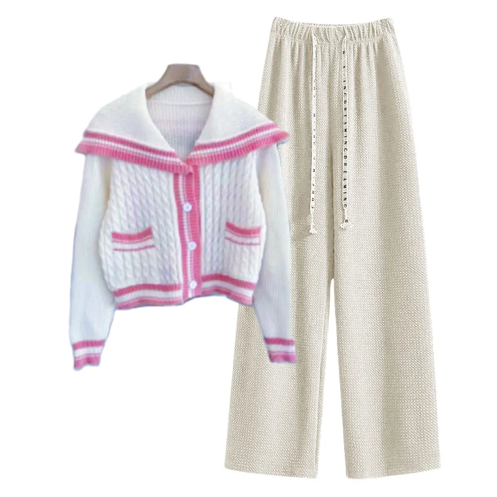 New In Spring Women's 2 Pieces Set Sweet Preppy Style Sweater Cardigan Long Sleeve Crop Top Wide Leg Pants Casual Lady's Outfits