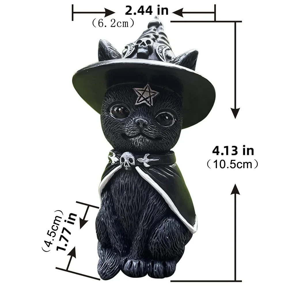 Black Cat Statue Mysterious Cute Cat Witch Cat Figurine Witches Decor Desk Ornament Hand-Painted Sculpture for Halloween 1PC
