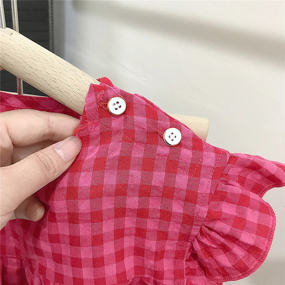 Summer Spring Baby Girls Cotton Loose Red Plaid Ruffle Sleeves Shirt Tops+Crop Pant Sets Child Outfit Kids 2PCS Tracksuit 2-10Yr