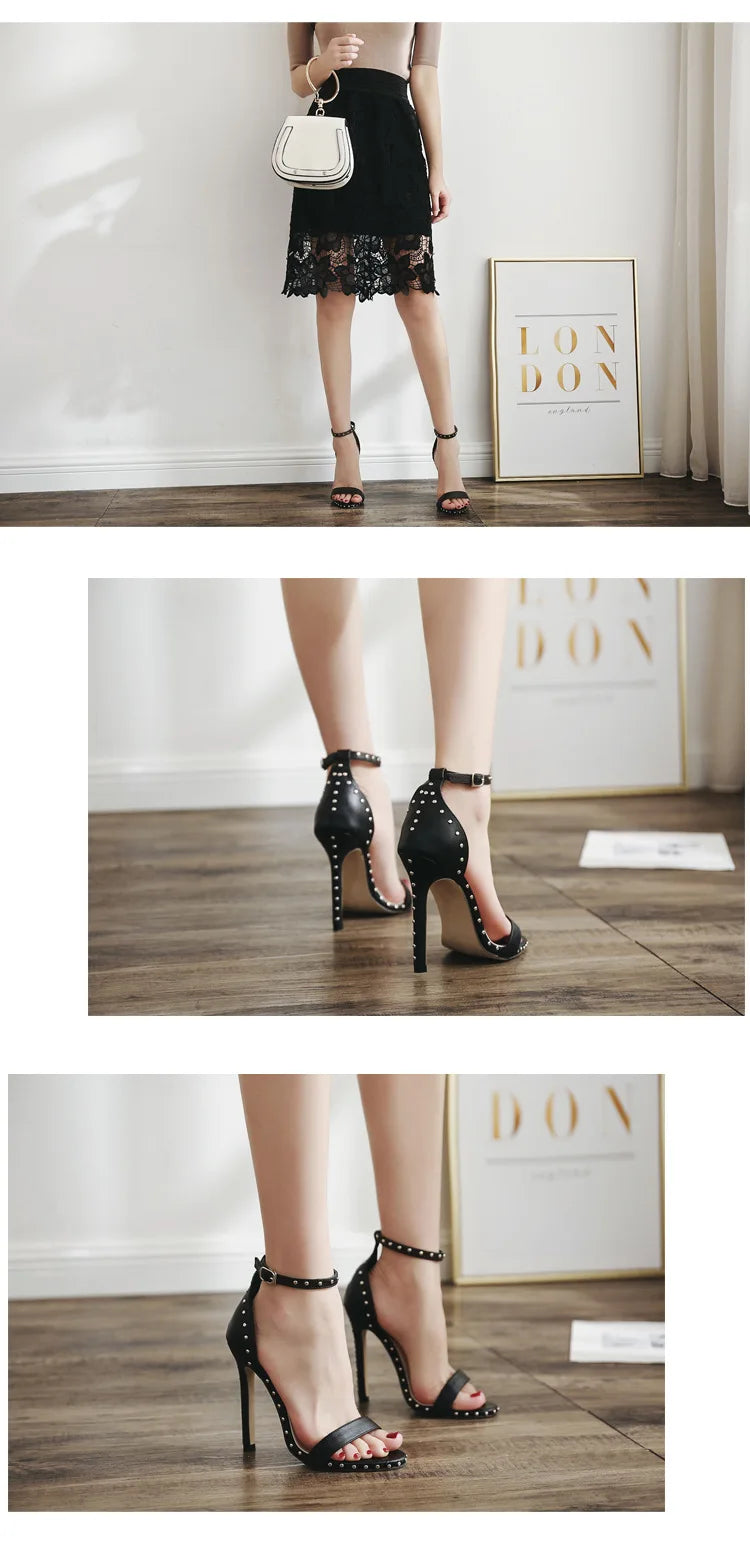 Sexy Rivet Thin Heels Women's Sandals with Breathable Ankle Straps for Party High Heels Sandal