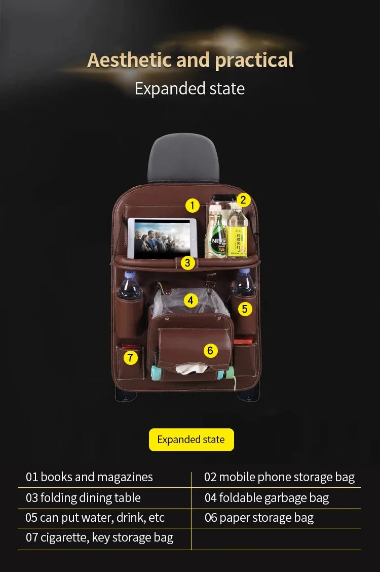 Car Back Seat Organizer Storage Bag with Foldable Table Tray Tablet Holder Tissue Box Auto Back Seat Bag Protector Accessories