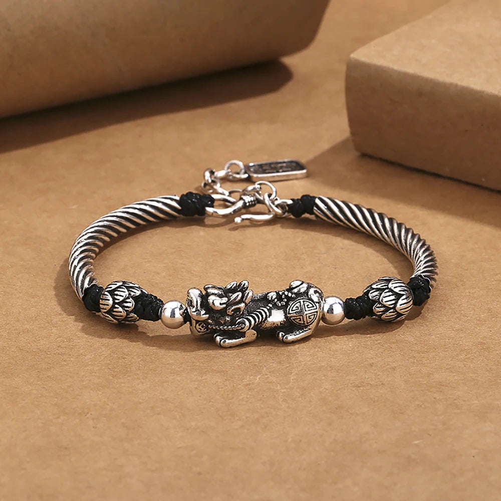 Vintage Beaded 925 Silver Bracelet for Men Lucky Kylin Copper Coins Buddha Wrist Bead Chain Men Party Jewelry Gift