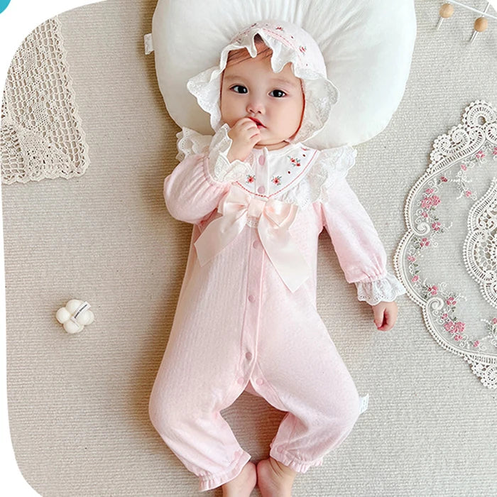 Infant Baby Girls Jumpsuit+Hat Embroidery Lace Stitching Cotton Long Sleeve Toddler Baby Girl Romper Spring Autumn Baby Clothes