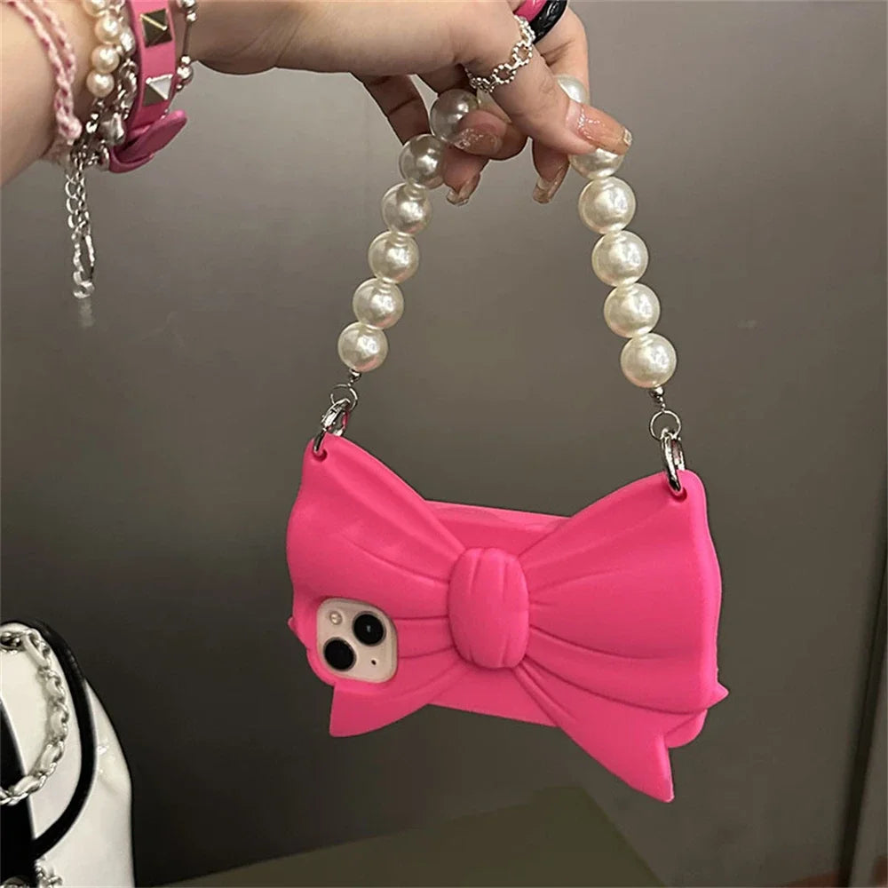 Cute 3D Pink Bowknot Handbag Silicone Phone Case For iPhone 14 13 12 Pro Max 15 Lovely Girl Shockproof Soft Cover