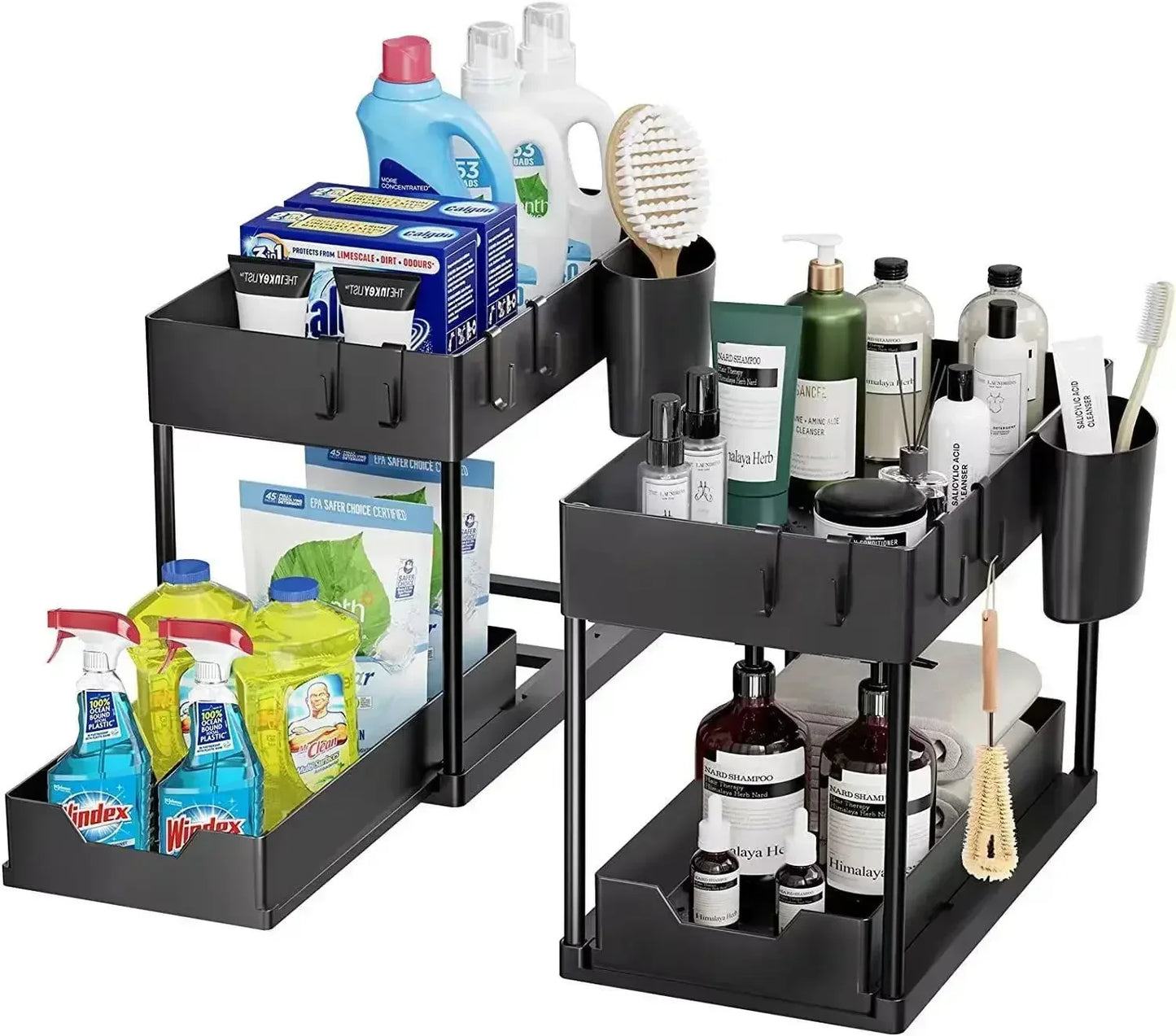 New 2 Tier Under Sink Organizer Sliding Cabinet Basket Kitchen Organizer Organizer Storage Rack with Hooks Hanging Cup Bathroom