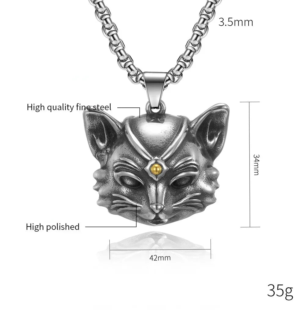Vintage Bell Cat Pendant Men's Necklace Stainless Steel Animal Lucky Jewelry Gift for Anniversary