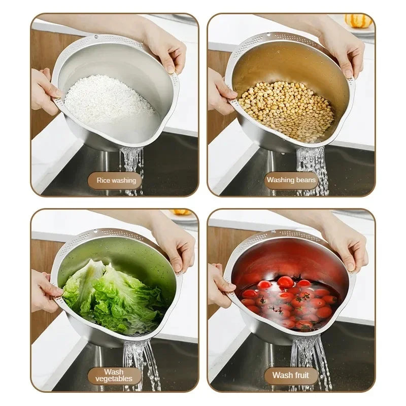 Rice Washer Strainer Bowl Stainless Steel 304 Rice Washing Bowl Rice Sieve Colander Fruit And Vegetable Strainer Kitchen Tools