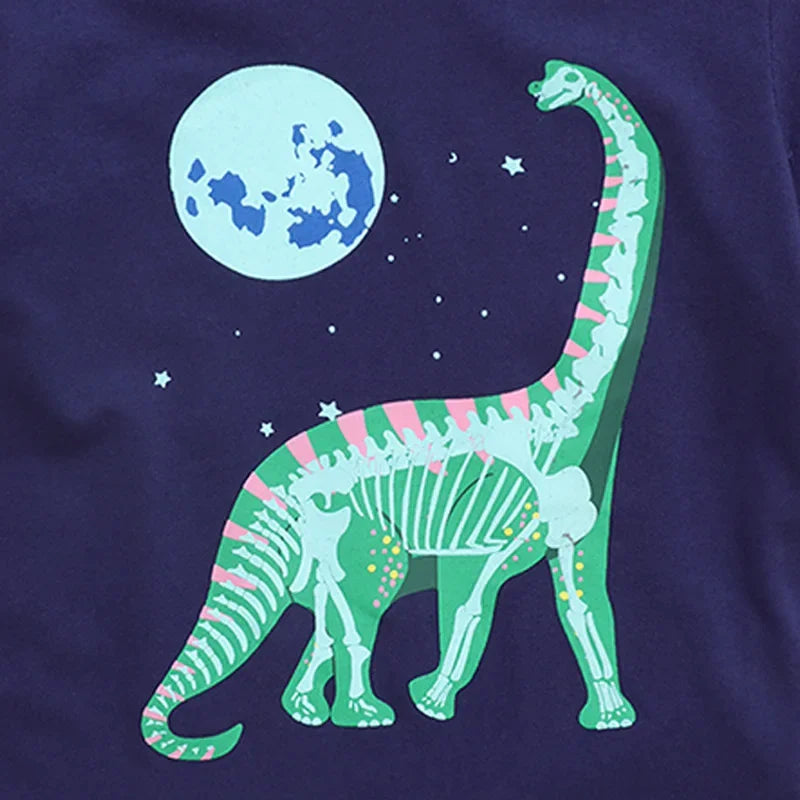Kids Luminous Cartoon Dinosaur T-shirt 2-7 Years 100% Cotton Baby Boys Tees Summer New Short Sleeve Tops Dropshipping