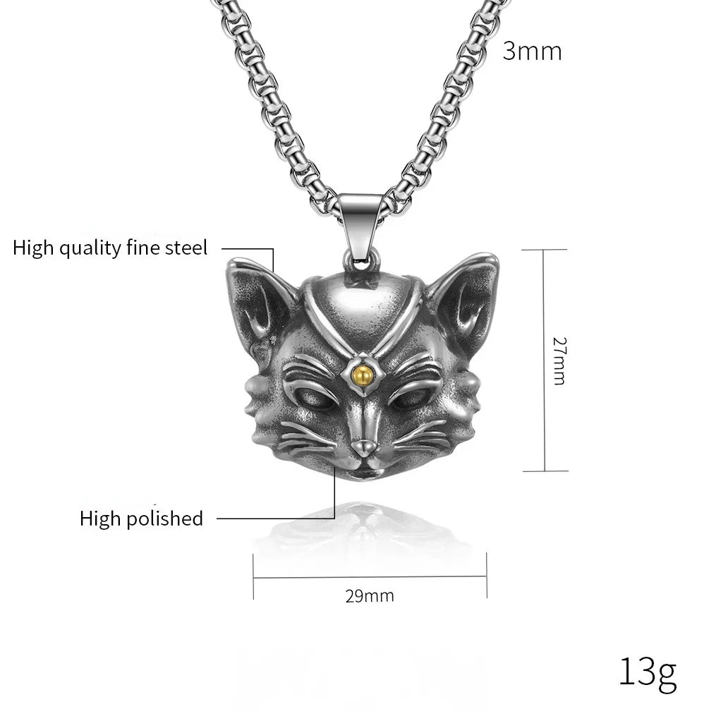 Vintage Bell Cat Pendant Men's Necklace Stainless Steel Animal Lucky Jewelry Gift for Anniversary