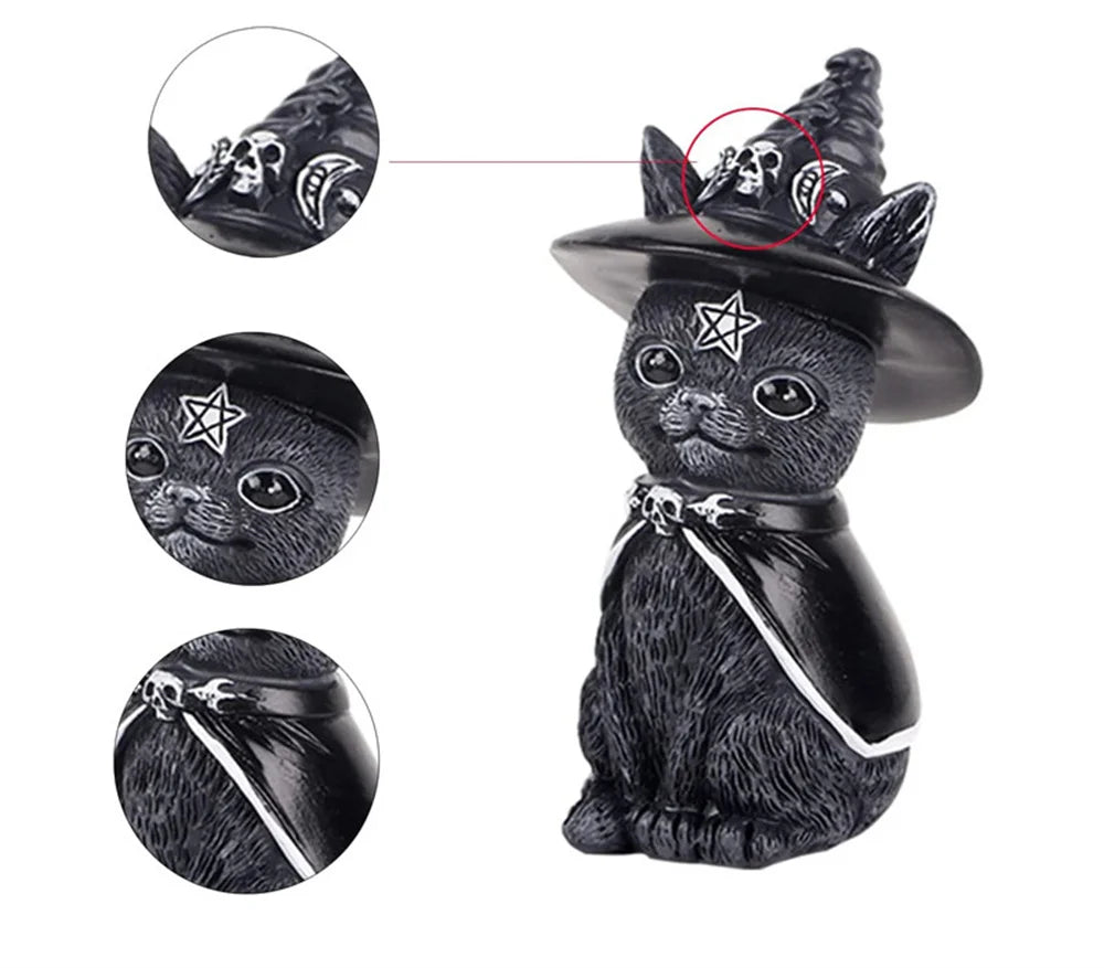 Black Cat Statue Mysterious Cute Cat Witch Cat Figurine Witches Decor Desk Ornament Hand-Painted Sculpture for Halloween 1PC