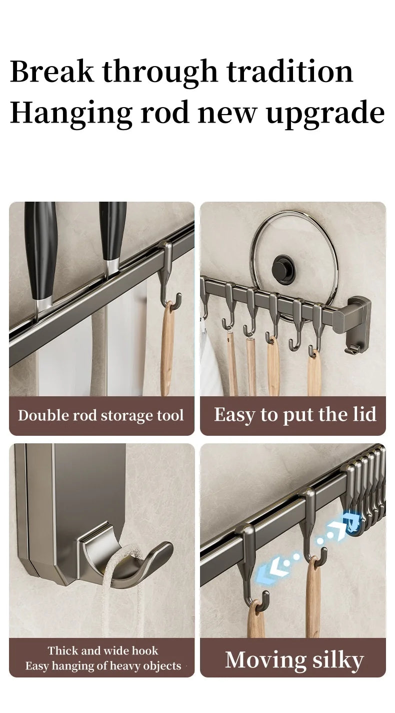 Kitchen Hook Punch-free Hanging Rod Spovel Hanger Row Hook Multifunctional Wall-mounted Storage Knife Holter