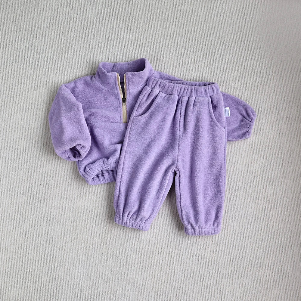MILANCEL New Autumn Baby Sports Suit Toddler Fleece Solid Color Hoodies Suit Infant Outfit 2PCS