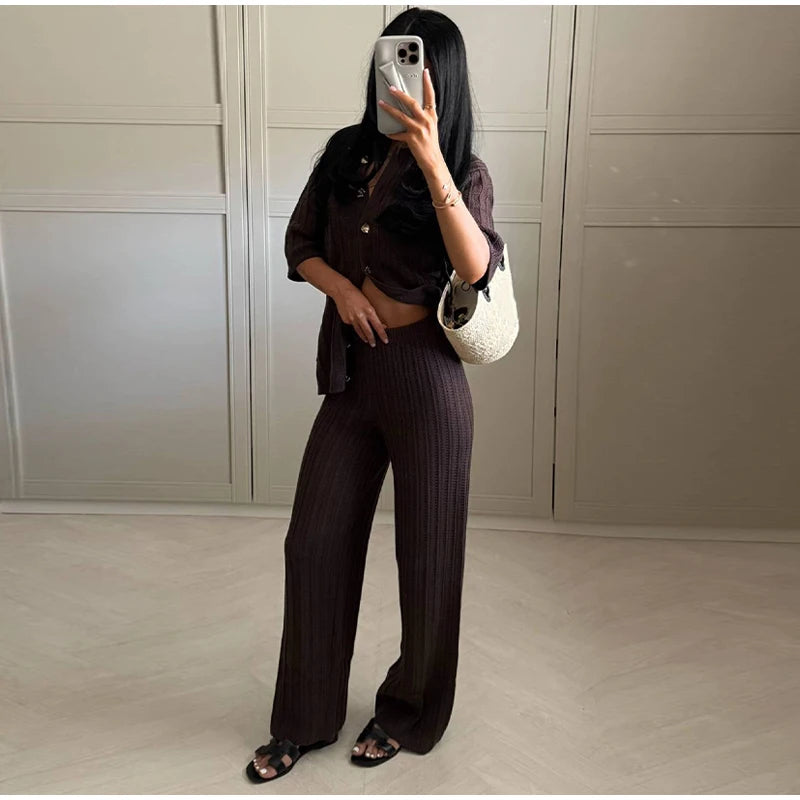 Fashion Knitted Long Pants Sets For Women Elegant Short Sleeve Lapel Single Breasted Cardigan Wide Leg Trousers 2 Pieces Suits