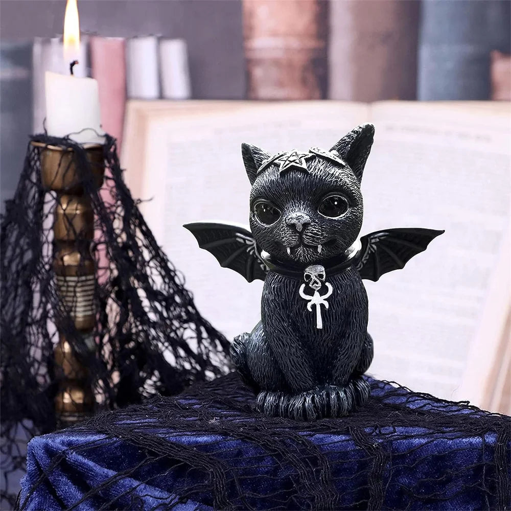 Black Cat Statue Mysterious Cute Cat Witch Cat Figurine Witches Decor Desk Ornament Hand-Painted Sculpture for Halloween 1PC