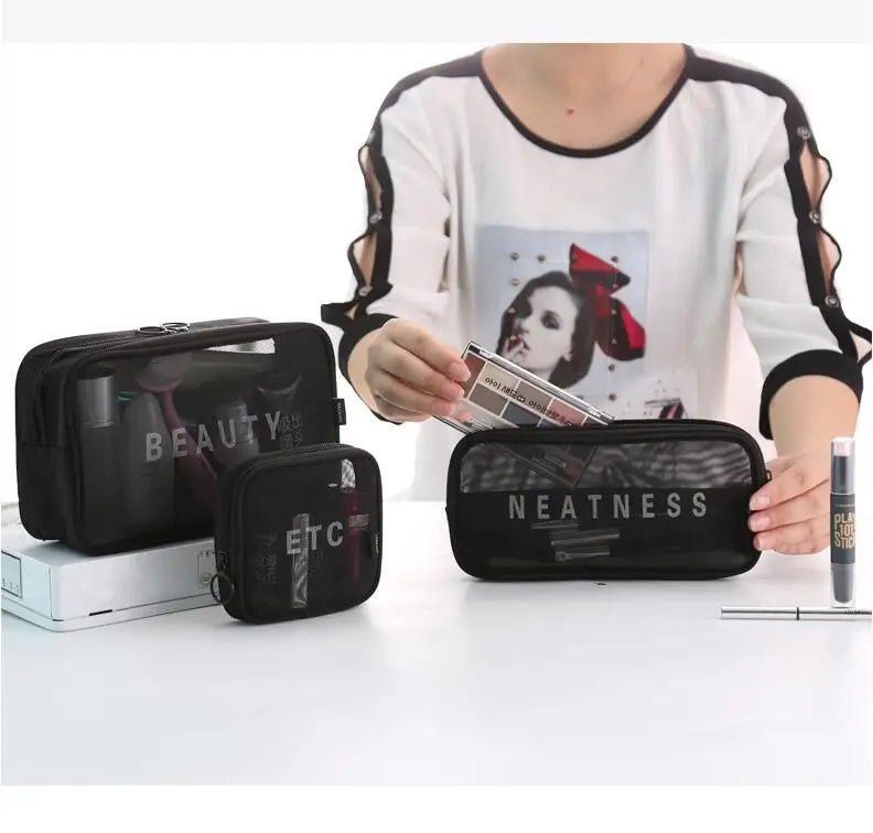 Makeup Bag Women Travel Toiletry Wash Makeup Bag Storage Case Zipper Make Up Bags Black Dot Transparent Mesh Cosmetic Bag