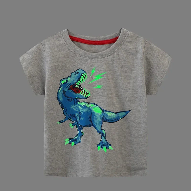 Kids Luminous Cartoon Dinosaur T-shirt 2-7 Years 100% Cotton Baby Boys Tees Summer New Short Sleeve Tops Dropshipping