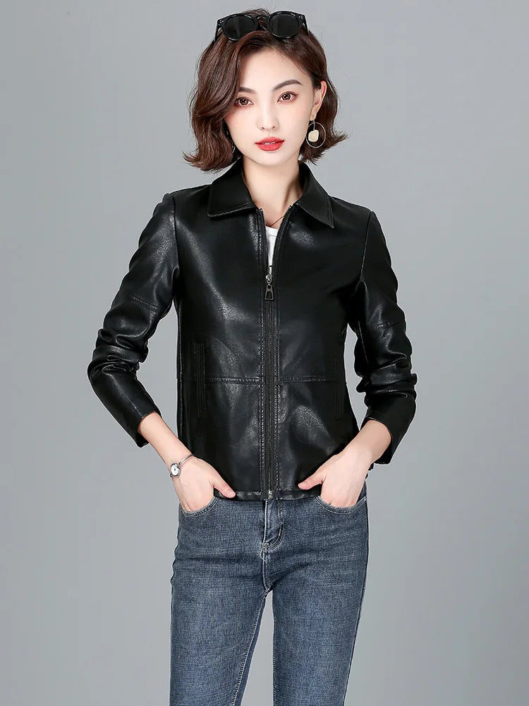 New Women Sheepskin Jacket Spring Autumn 2025 Fashion Casual Long Sleeve Short Zipper Leather Coat Loose Split Leather Outerwear