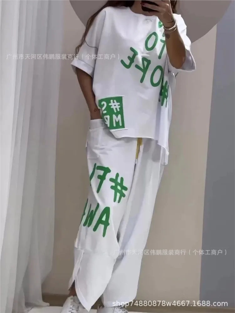 Spring Summer New Fashion Letters Printed T Shirt Women Short Sleeve Suit Simple Loose Casual Pocket Female Pants 2 Piece Set