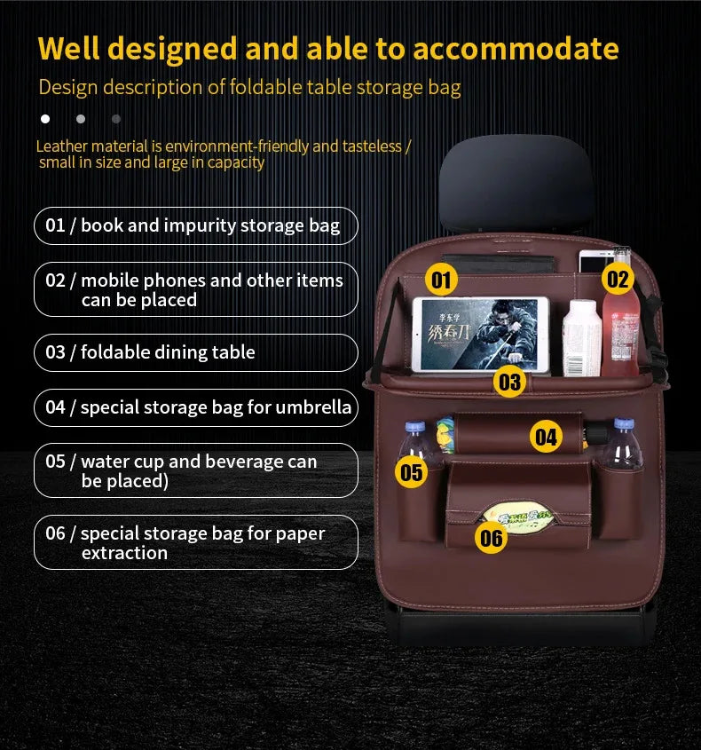 Car Back Seat Organizer Storage Bag with Foldable Table Tray Tablet Holder Tissue Box Auto Back Seat Bag Protector Accessories