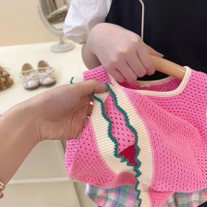 Girl's Clothing Sets 2025 Summer Korean Pink Thin Knitted Girl Set Children Hollow Breathable Vest +Flower Bud Shorts Two-piece