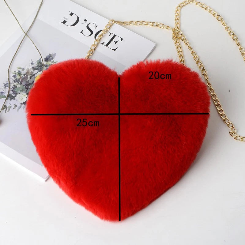 Fashion Women's Heart Shaped Handbags Cute Faux Fur Crossbody Bags Lady Soft Plush Chain Shoulder Bag Shopper Totes