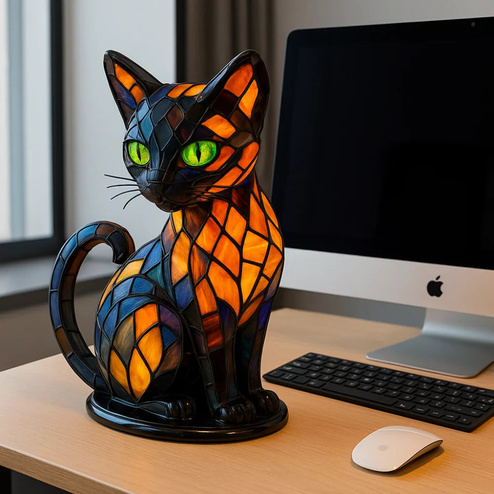 New Durable Stained Glass Cat Lamp Cats Stained Resin 3D Cute Tabletop Retro High Quality Pet Led Table Light Home Bedroom