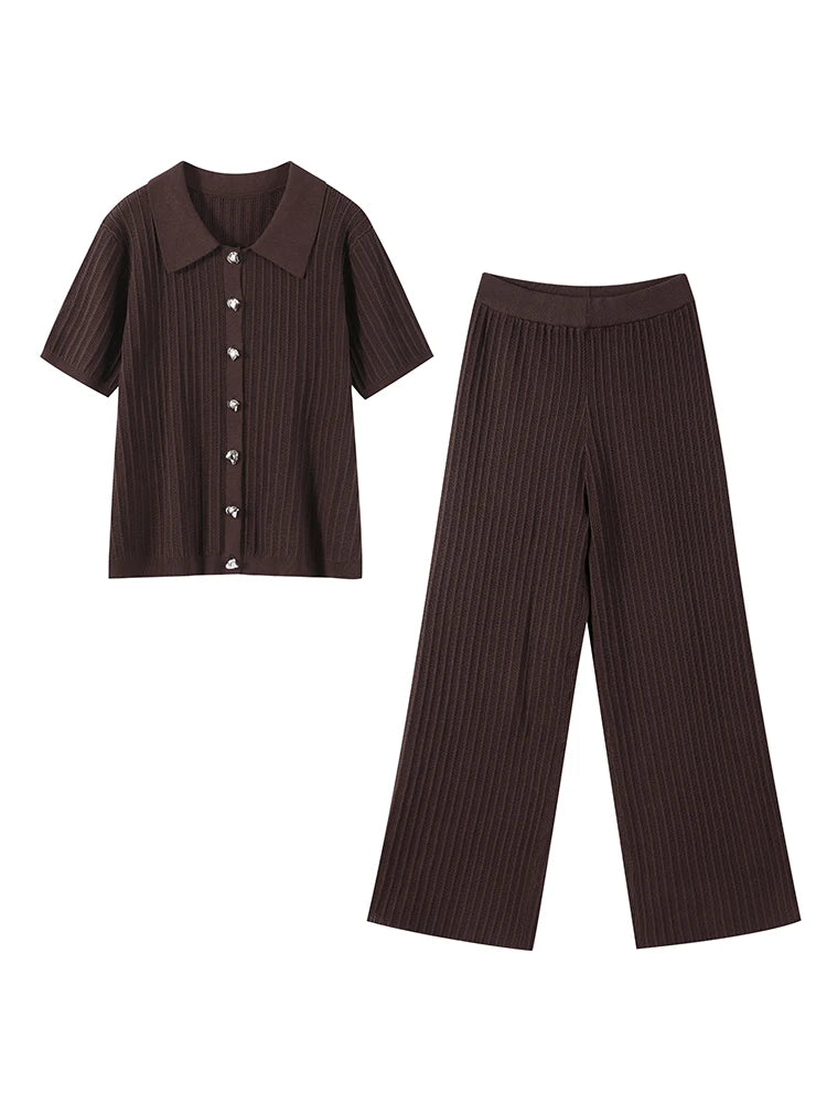 Fashion Knitted Long Pants Sets For Women Elegant Short Sleeve Lapel Single Breasted Cardigan Wide Leg Trousers 2 Pieces Suits