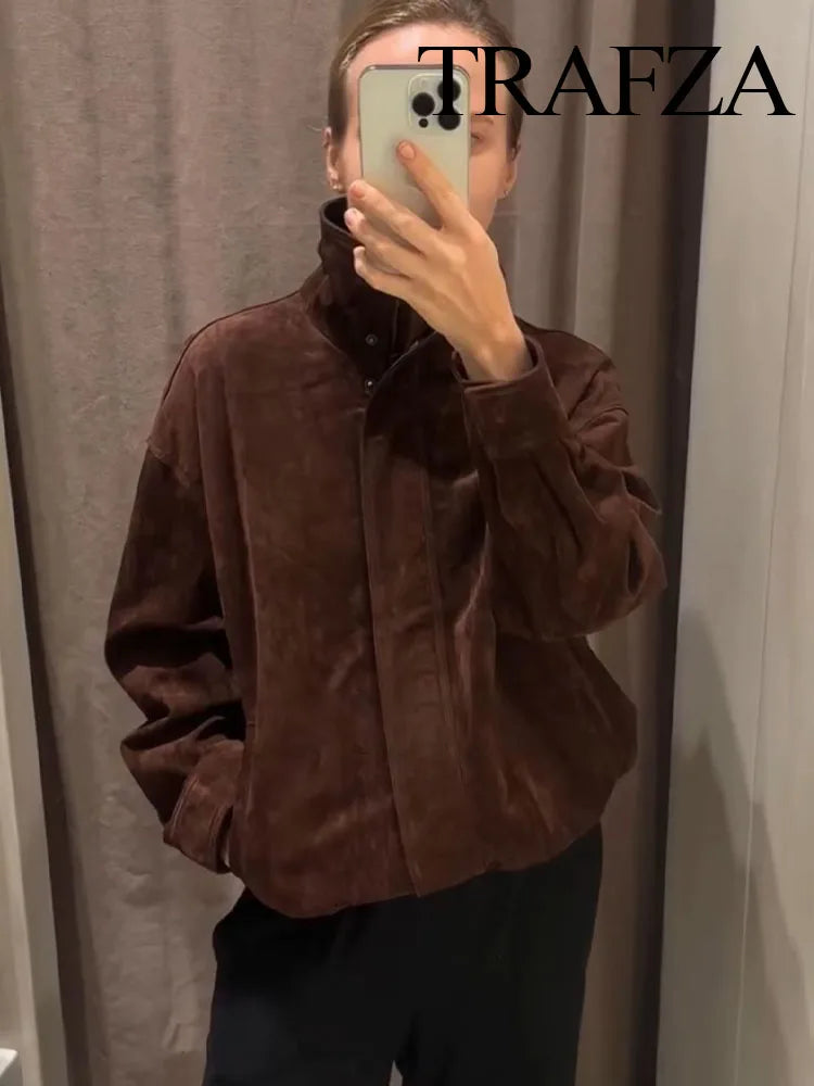 TRAFZA Women Autumn Casual Loose Coats Female Fashion High Collar Zipper Side Pocket Design Jackets Solid Street Style Coats