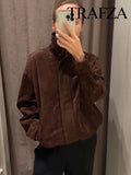 TRAFZA Women Autumn Casual Loose Coats Female Fashion High Collar Zipper Side Pocket Design Jackets Solid Street Style Coats