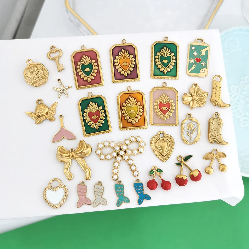 1pc Stainless Steel Big Pendant Small Charm Cherry Angel Boot Heart Tail Flower Star Cross Key Moon Pearl Bow PVD Gold Color