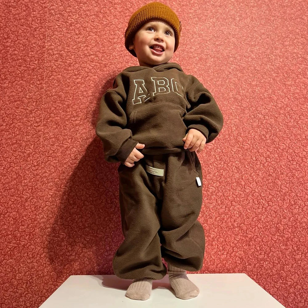 Children's Fleece Suits Insulated Baby Boy Winter Clothes Sets Letters Pullover Hoodie Sweater Top Pants Outfit Girl Tracksuit