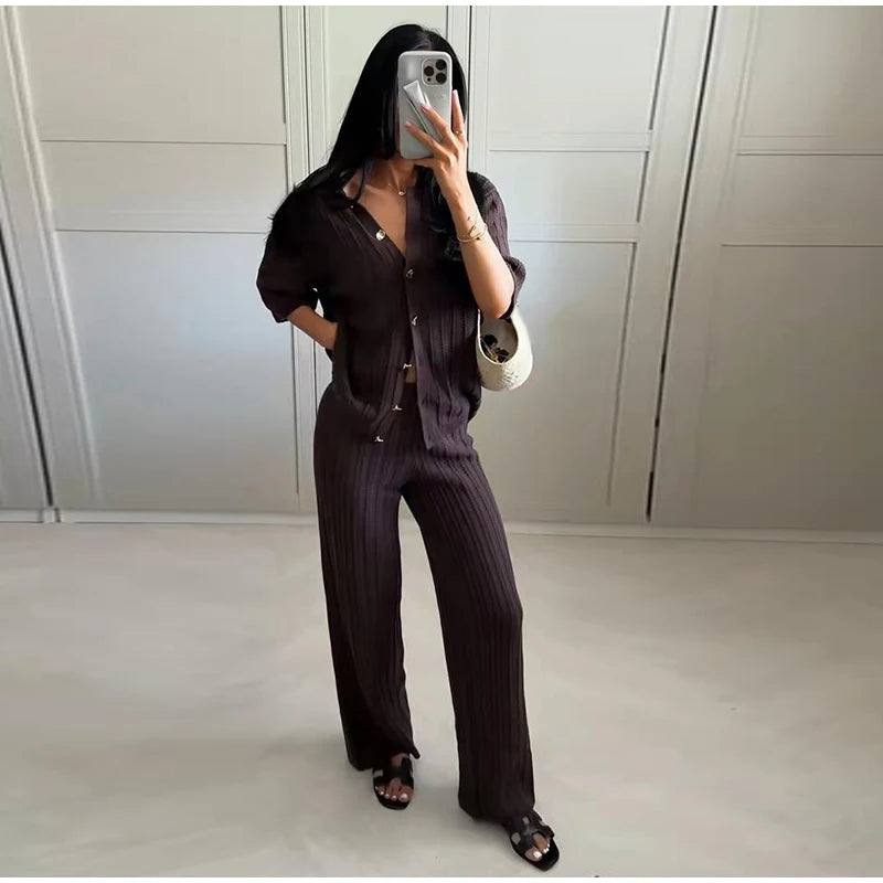 Fashion Knitted Long Pants Sets For Women Elegant Short Sleeve Lapel Single Breasted Cardigan Wide Leg Trousers 2 Pieces Suits