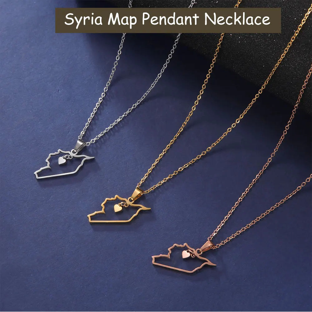 Cazador Stainless Steel Jewelry Geography Necklace Syria Map Heart Pendant Chain Necklace for Women Mother Gift Wholesale