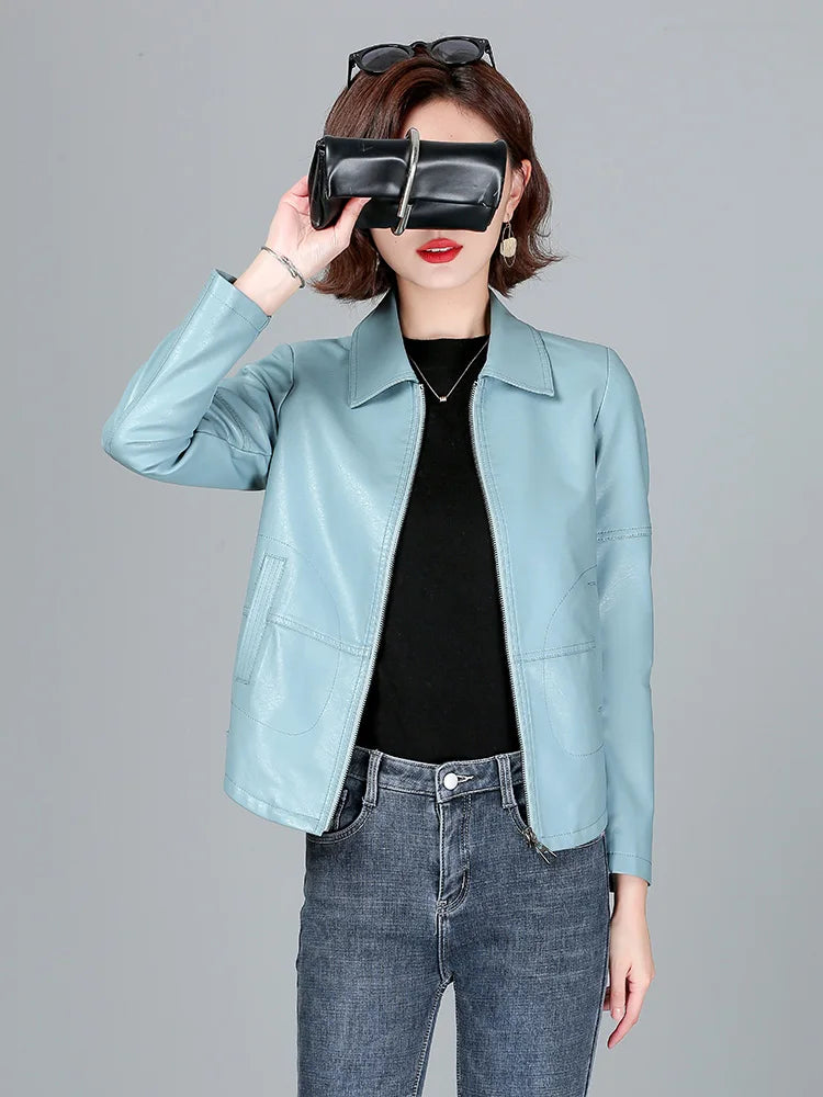 New Women Sheepskin Jacket Spring Autumn 2025 Fashion Casual Long Sleeve Short Zipper Leather Coat Loose Split Leather Outerwear