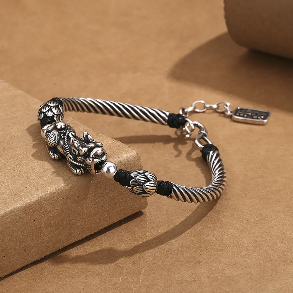 Vintage Beaded 925 Silver Bracelet for Men Lucky Kylin Copper Coins Buddha Wrist Bead Chain Men Party Jewelry Gift