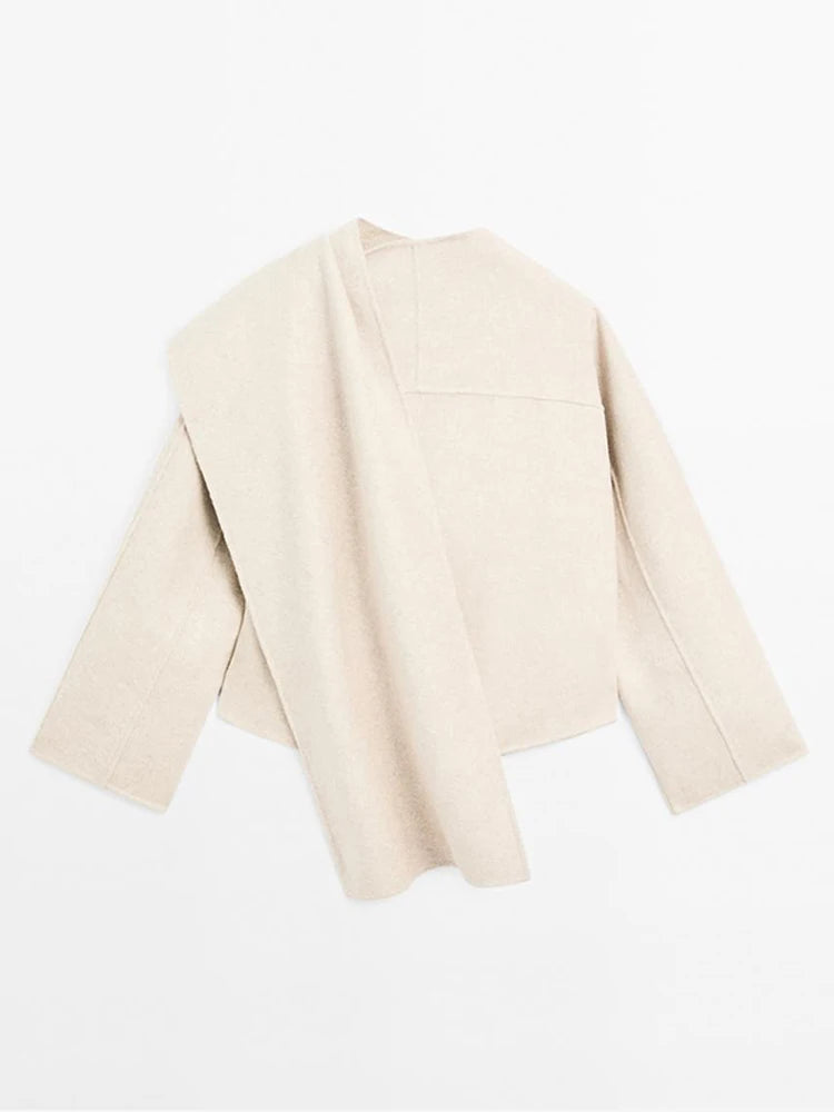 Winter Jacket Women Scarf Collar Short Woolen Coats Autumn 2025 Old Money Long Sleeve Solid Loose Bomber Jackets Chic Outerwears