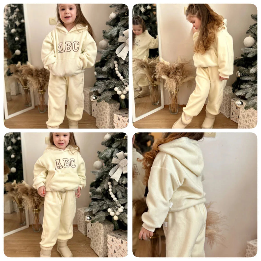 Children's Fleece Suits Insulated Baby Boy Winter Clothes Sets Letters Pullover Hoodie Sweater Top Pants Outfit Girl Tracksuit