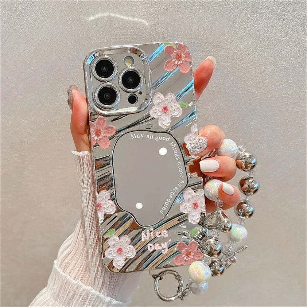 Luxury Flower Make Up Mirror Phone Case For iPhone 13 11 15 14 16 Pro Max 12 16promax 15promax 14promax Shockproof Funda Cover