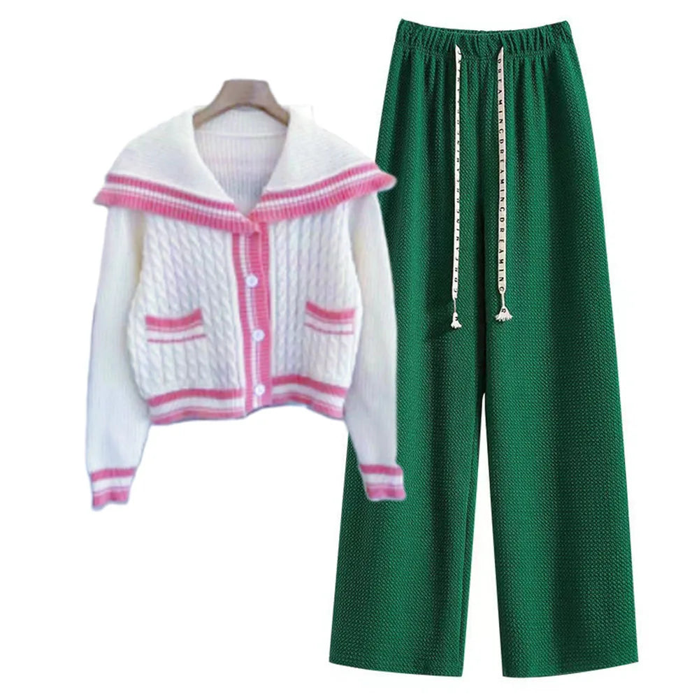 New In Spring Women's 2 Pieces Set Sweet Preppy Style Sweater Cardigan Long Sleeve Crop Top Wide Leg Pants Casual Lady's Outfits