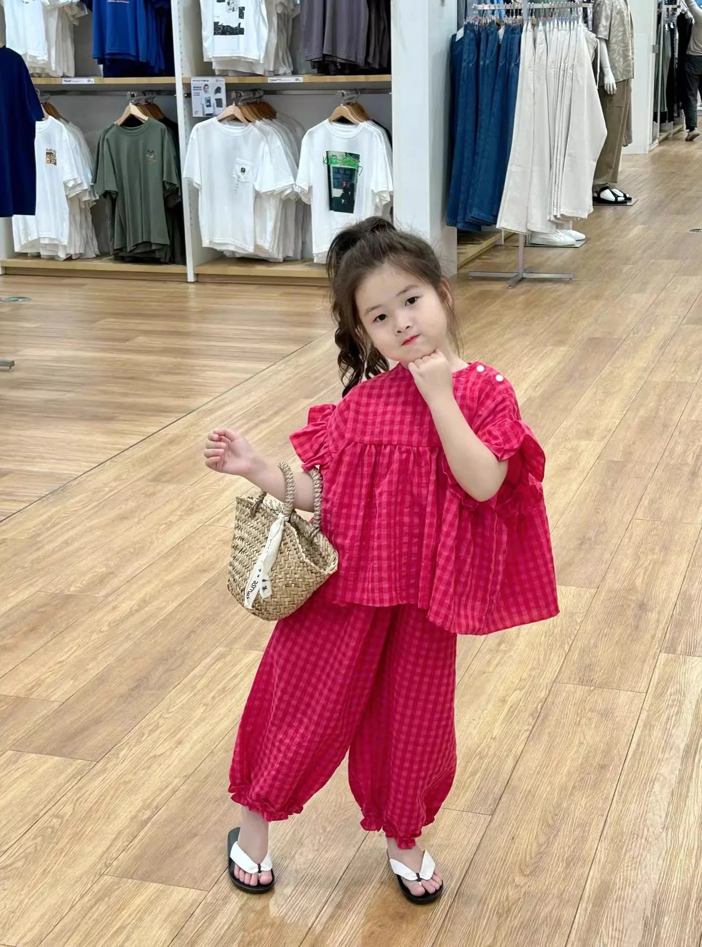 Summer Spring Baby Girls Cotton Loose Red Plaid Ruffle Sleeves Shirt Tops+Crop Pant Sets Child Outfit Kids 2PCS Tracksuit 2-10Yr