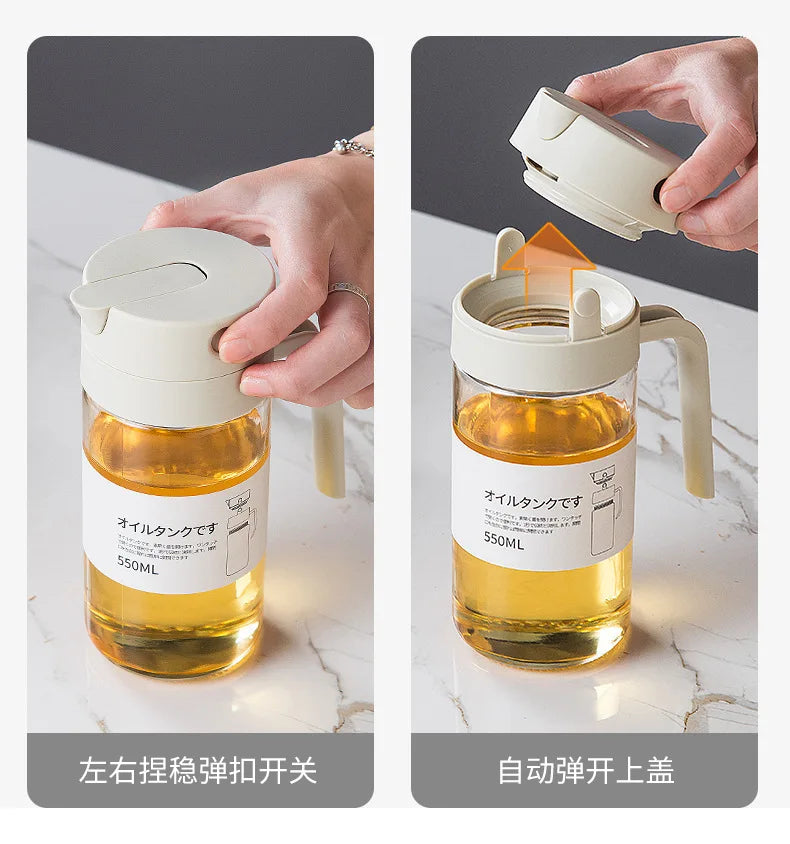 550mL Oil Empty Bottle Pourer Glass Bottles Automatic Opening and Closing Kitchen Cooking Oil Dispenser Cruet for Camping BBQ