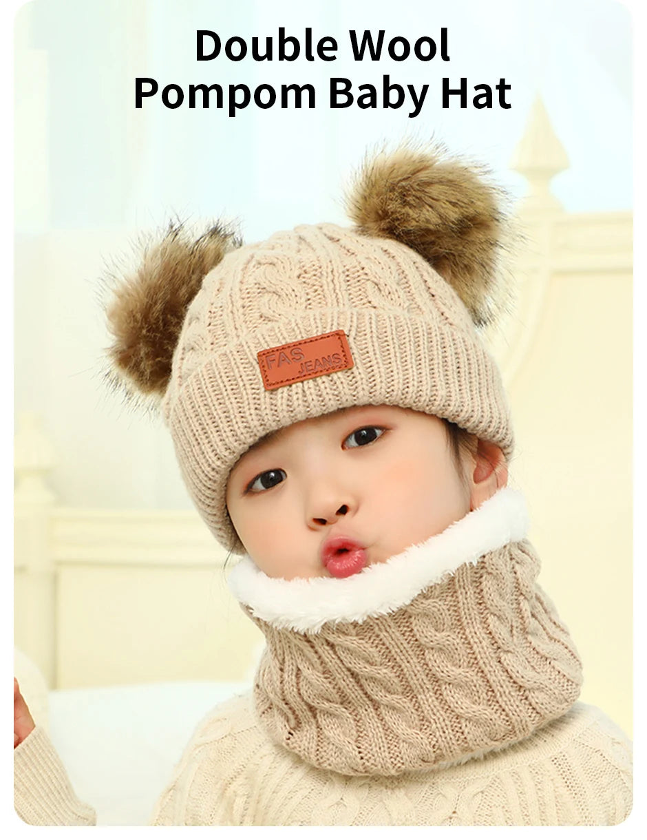 Cute Double Wool Pompom Baby Hat Children Cap Warm Autumn Winter Hats For Kids Boys Girls Knitted Warmer Beanie Caps Bonnet