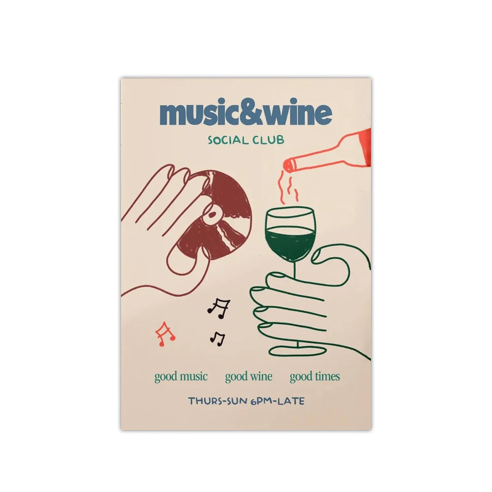1PC Frameless Retro Music & Wine Illustration Posters Canvas Painting Wine Hand Drawn Print Wall Art Home Kitchen Club Bar Decor